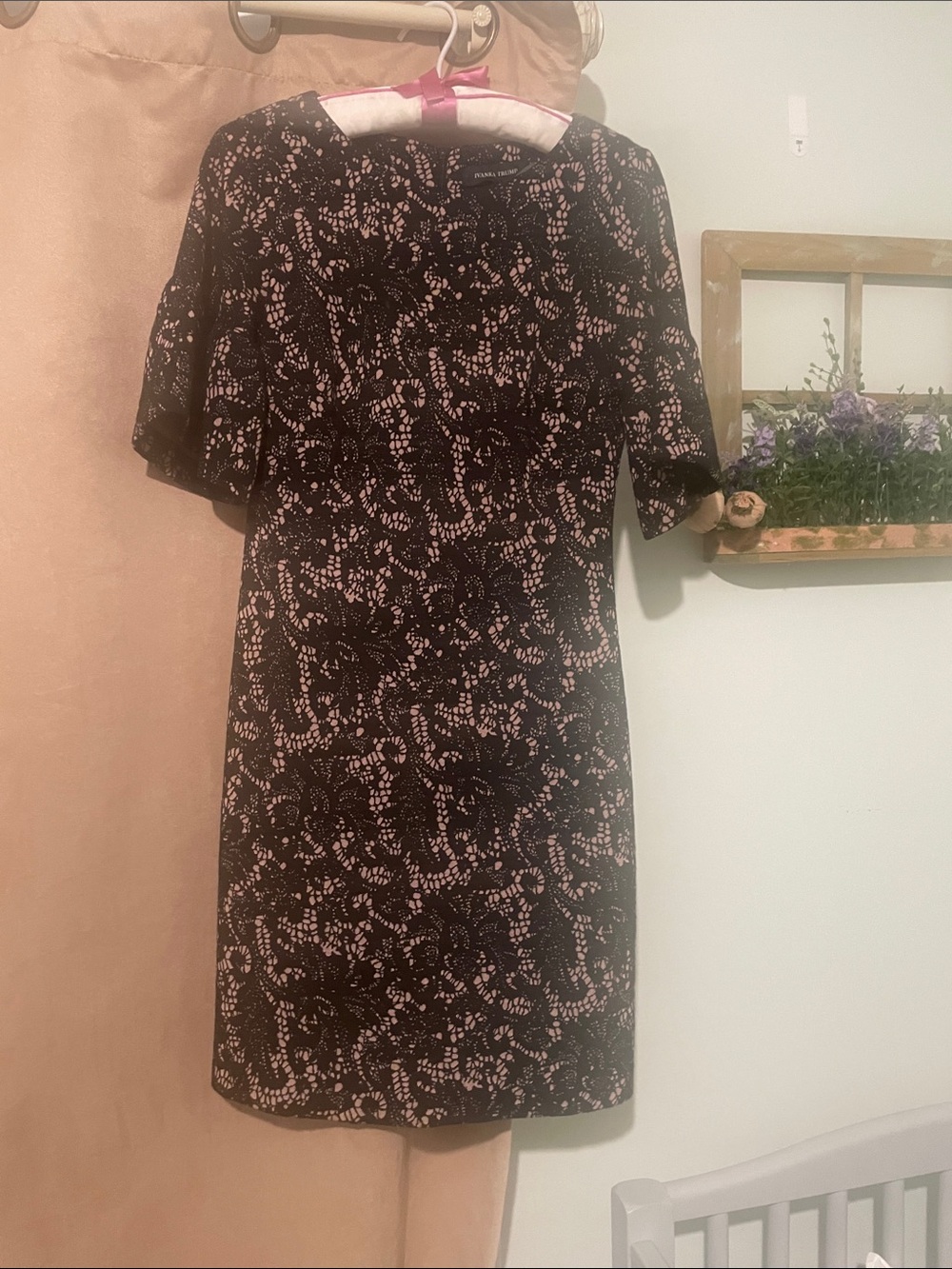 Ivanka Trump Black and Pink Lace-Pattern Midi Dress